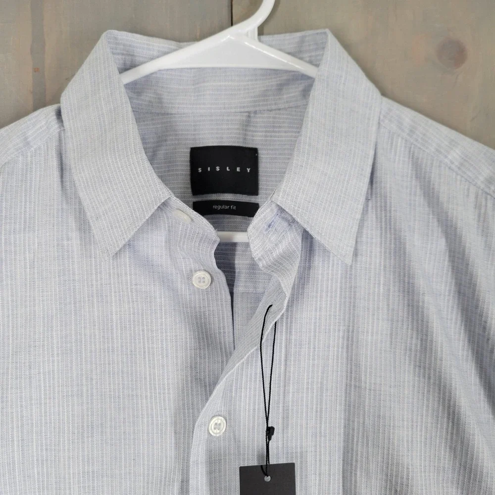 Sisley Button Down Shirt Mens Size M Blue Regular Fit Striped Cotton Stretch NEW
